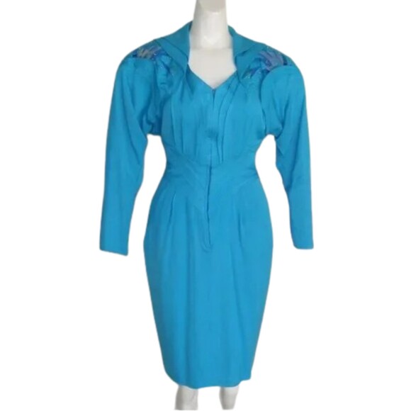 Avant Garde Dress, XS/S, VINTAGE, Aqua Blue, Statement Shoulders, Zip front, LS - Picture 13 of 15